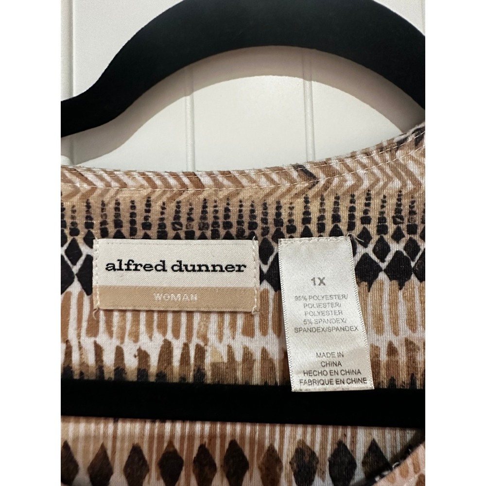 Alfred Dunner Woman Geometric Tribal Print Beaded Split Neck Top Brown 1X